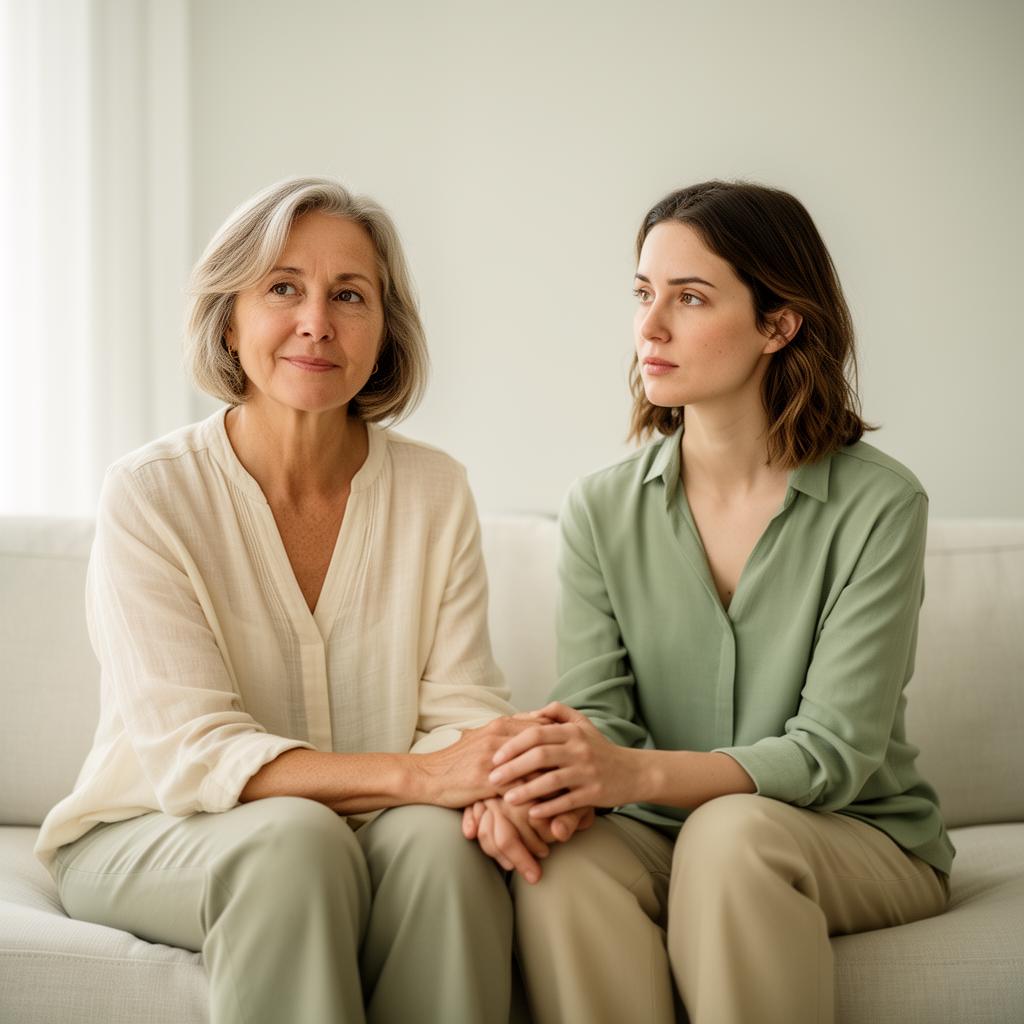 A patient and family member sitting together in a calm, sunlit room