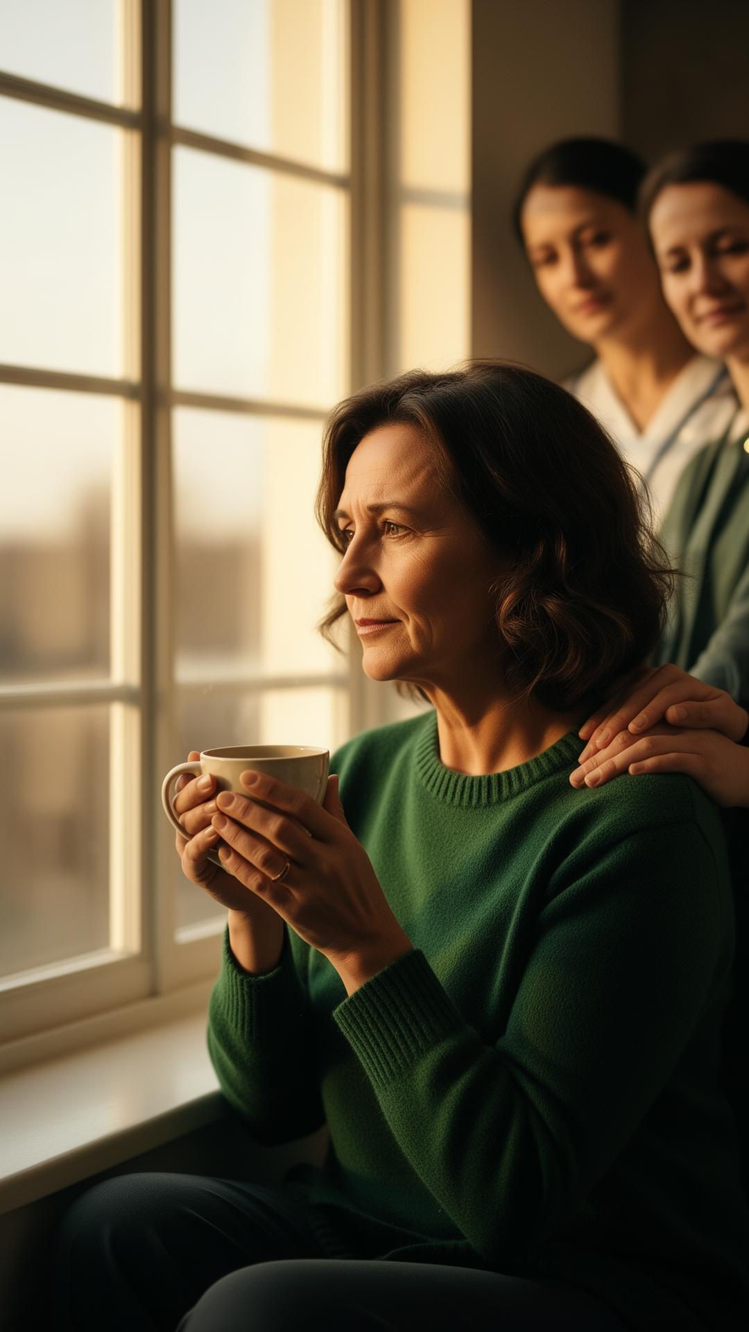 A woman sitting quietly by a window in warm afternoon light, holding a cup of tea, with a family member's hand resting gently on her shoulder